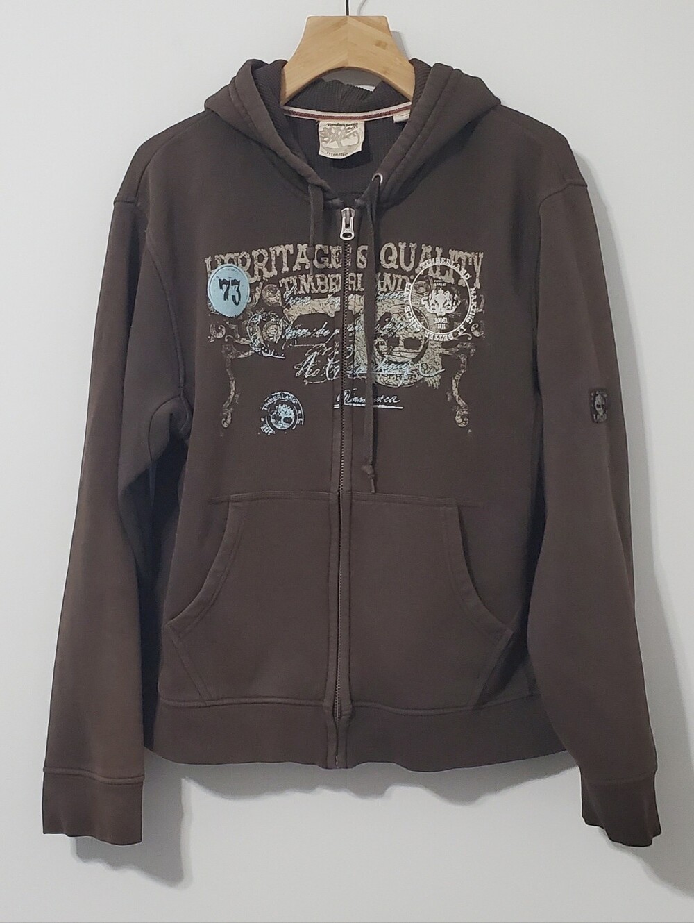 Timberland Mens Full Zip Hoodie Brown Chest Graphic Size Large
